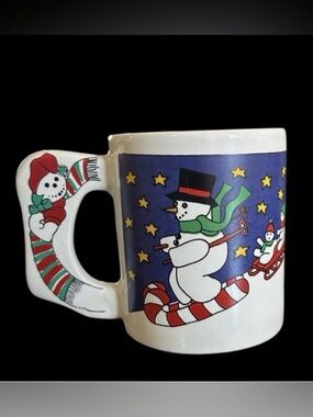 Vintage Alco Industries Christmas Mug Snowman Sledding Whimsy Retro
